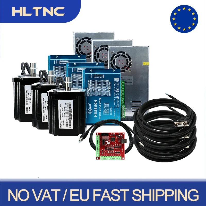 EU Shipped 3 Axis 4.5 / 8.5 / 12 N.m Close Loop Stepper Motor Nema34 DC Engines + HBS86 Driver + 100-240v Power Supply + Mach3