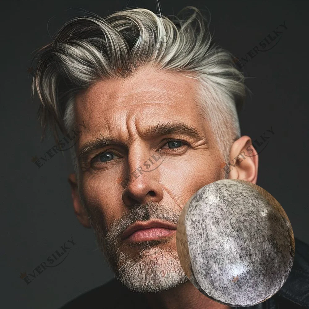 

Grey Human Hair Toupee Full PU Skin Durable 1B65 1B30 1B80 Undetectable 0.1mm Injected Long Lasting Capillary Prosthesis System