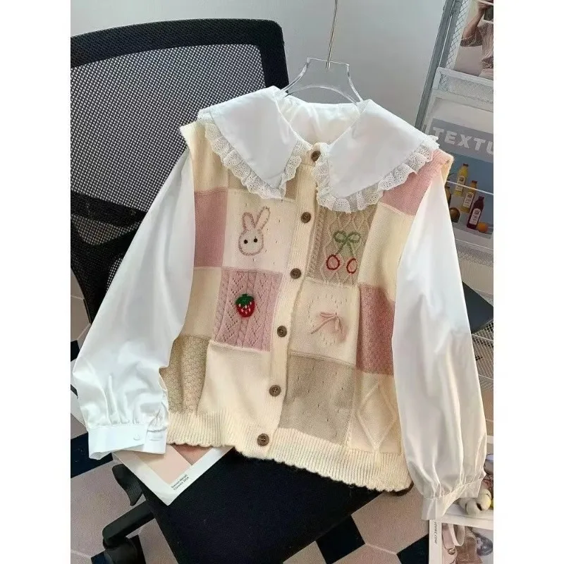 Rabbit Head Cherry Jacquard Kawaii Clothes Sweater Vest Women Cardigan Sweater Sleeveless Tank Knitwear Vests Coats Sweet Girls