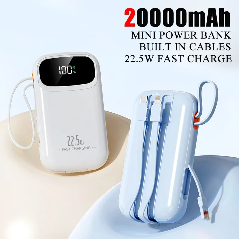 

PD22.5W Power Bank с быстрой зарядкой, портативное зарядное устройство 20000 мАч, встроенные кабели, внешний аккумулятор Powerbank для iPhone Xiaomi Samsung