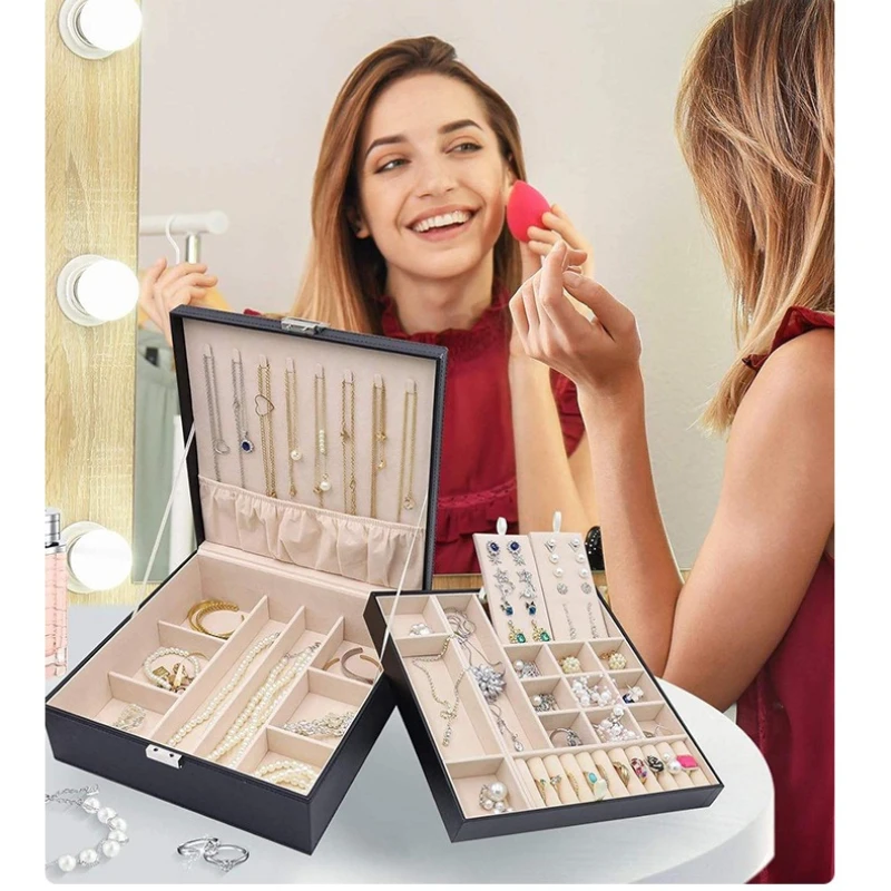 

Square 2 Layer Jewelry Display Case Anti Tarnish Organizer Box for Earrings Necklace Rings Storage Holder with Lid for Women