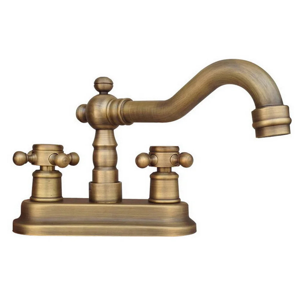 Antique Brass Deck Mount Double Handle Bathroom Faucet Vanity Vessel Sinks Mixer Tap Cold And Hot Water Tap Nnf325