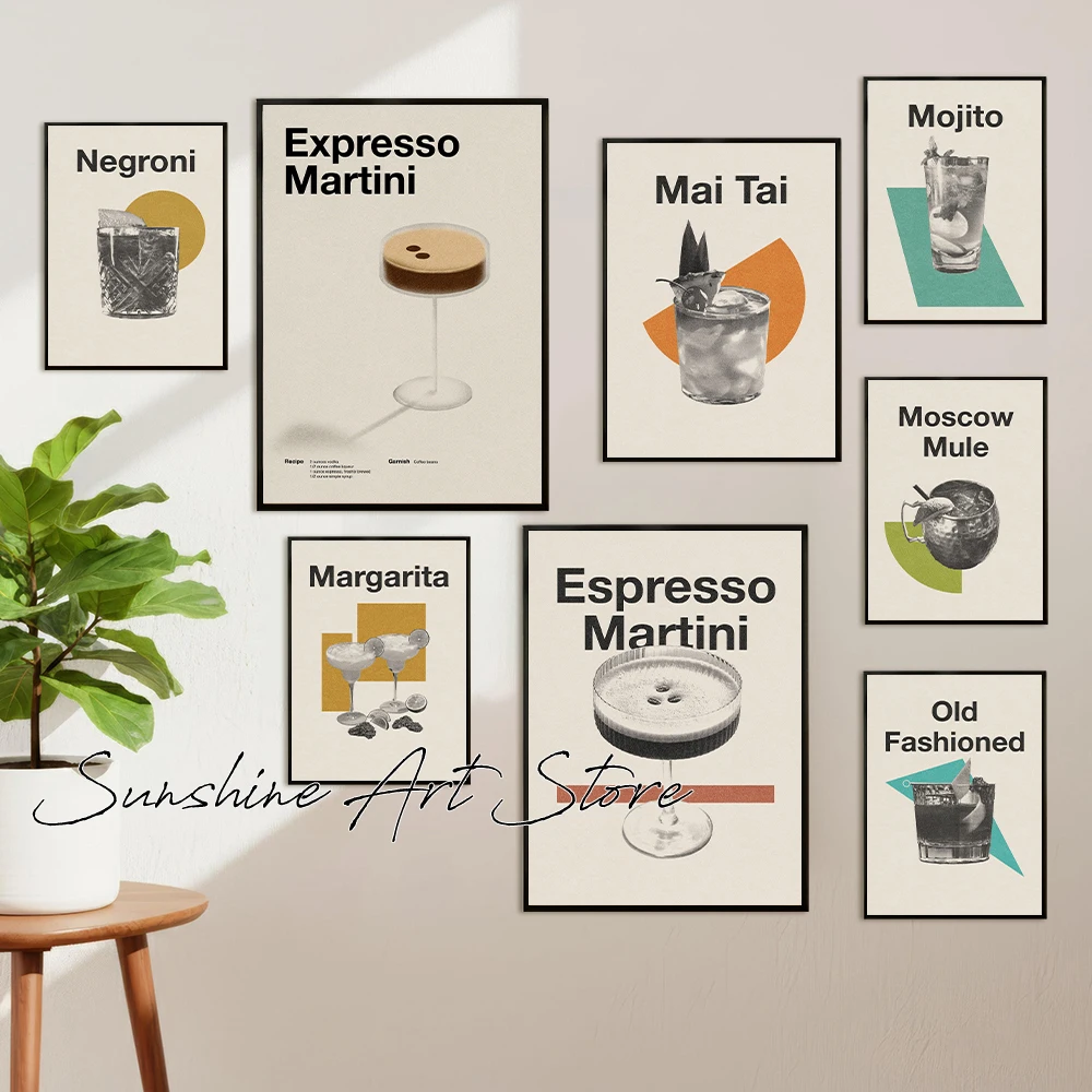 Expresso Martini Mai Tai Mojito Old Fashioned Cocktail Minimalist Poster Drinks Kitchen Bar Decor Canvas Painting Wall Pictures