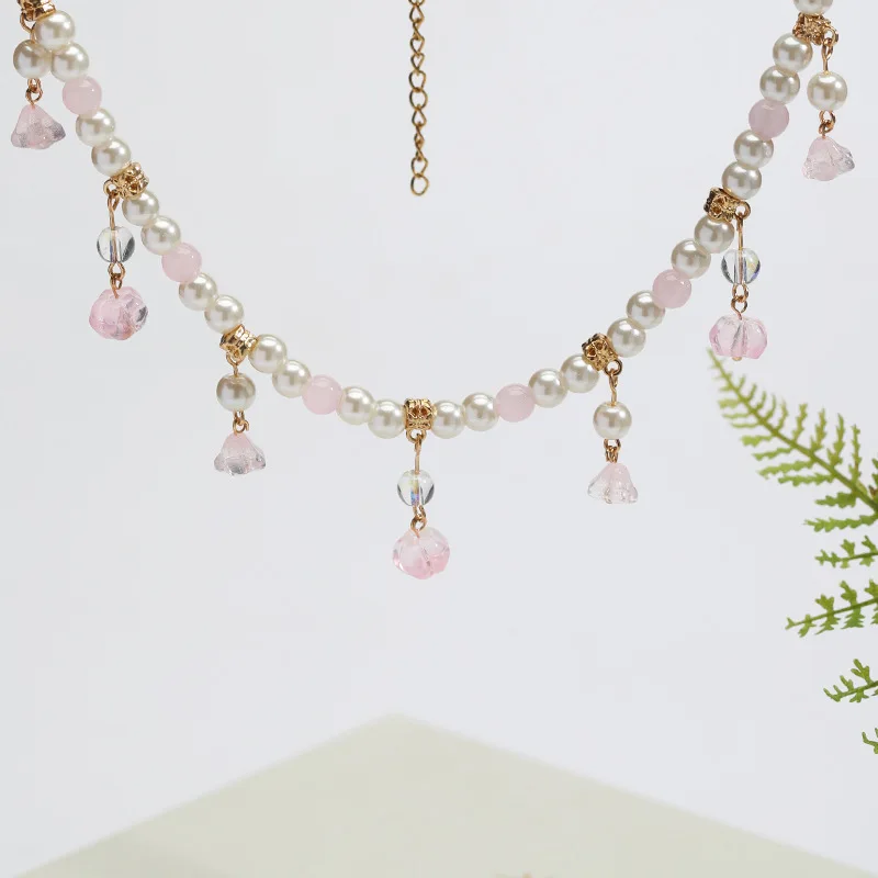 New Chinese Style Hanfu Pearl Beaded Necklace Pink Morning Glory Charm Ancient Song Tang Inspired Jewelry For Women Daily Wear