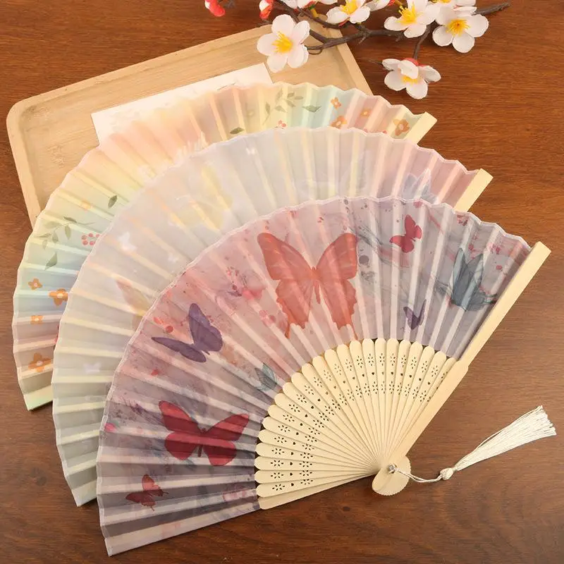 Colorful Butterfly Floral Folding Fan Chinese Style Hand Held Fan With Tassel For Wedding Dance Summer Cooling Home Decor