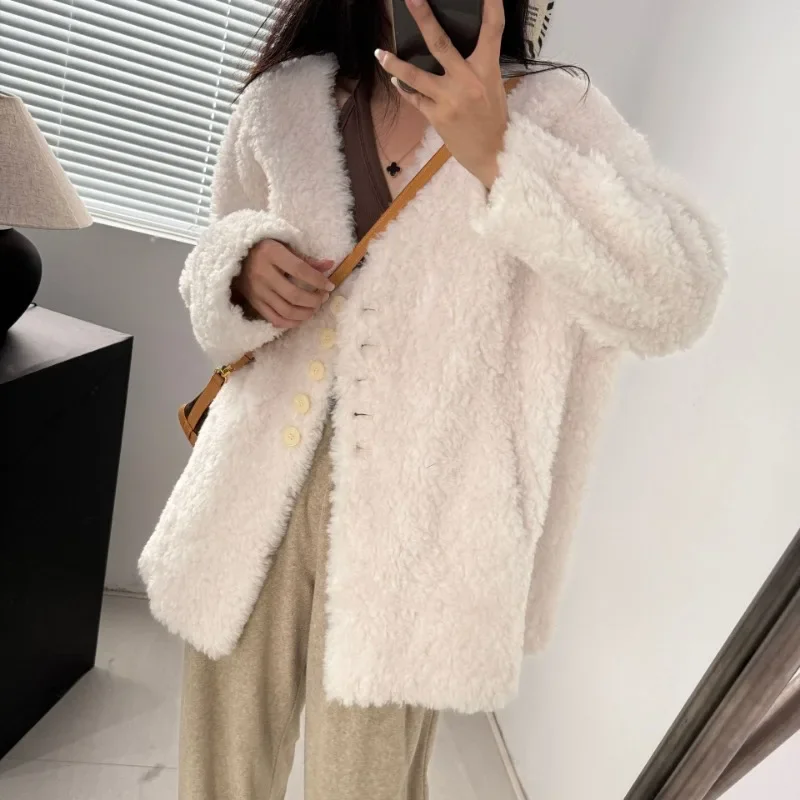 

100% Wool Women Khaki V-Neck Warm Jackets Gentle Winter Loose Coats Double-Faced Fake Fur Dark Coffee Coat