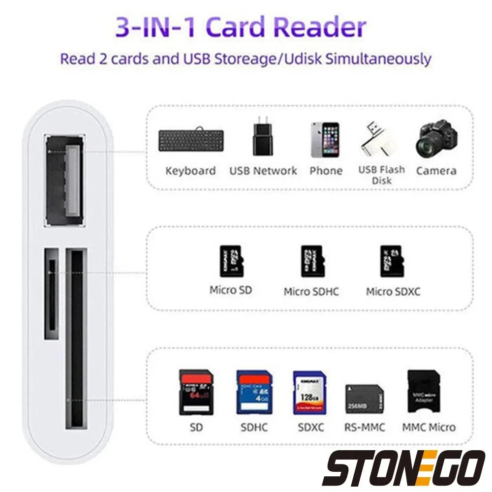 STONEGO Multifunction 3-in-1 SD/TF Card Reader OTG Adapter 2.0/3.0 Port Compatible for MacBook Pro Laptop PC Camera Mobile Phone