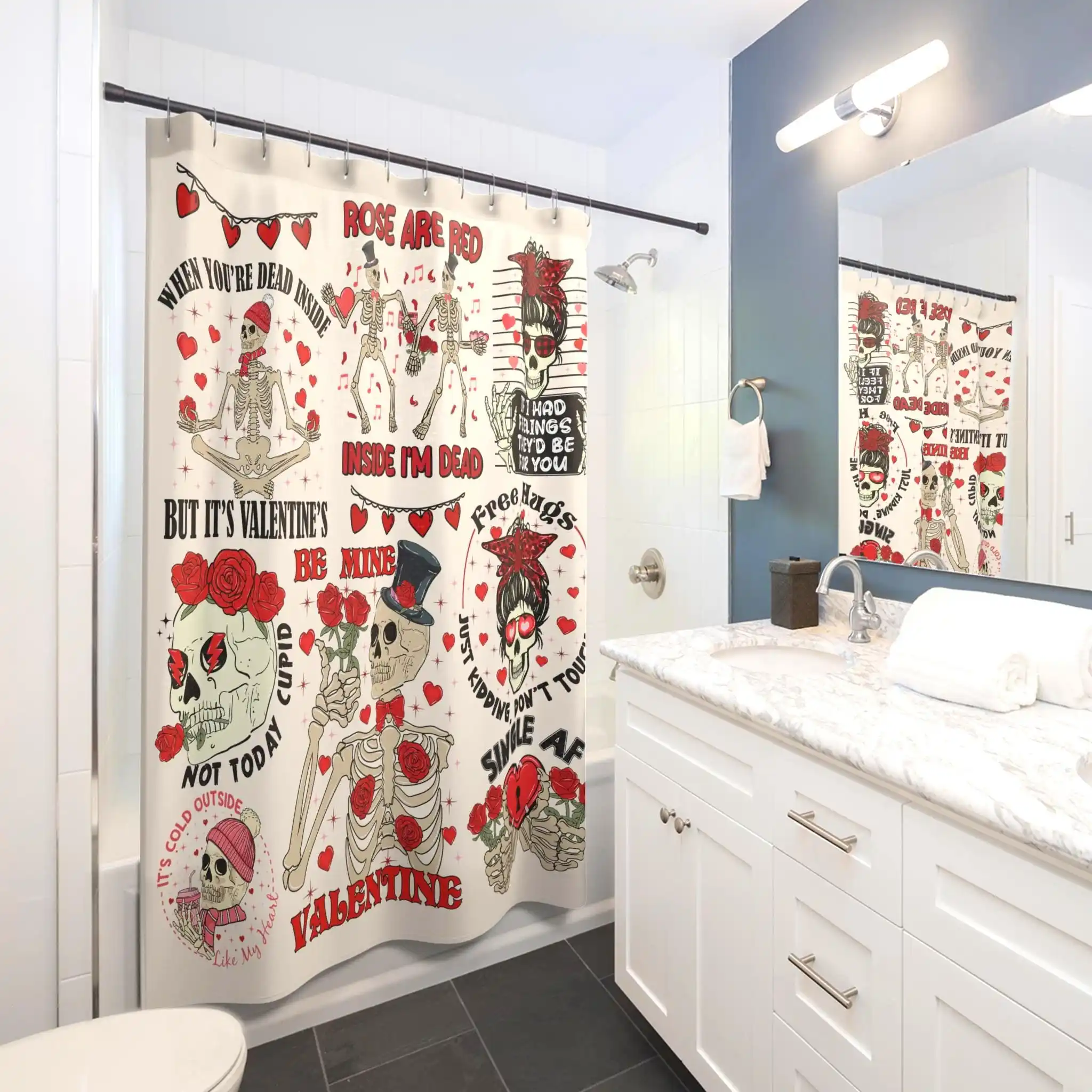 Funny Skeleton Valentine's Day Shower Curtain Cute Spooky Love Art Bathroom Decor Gift