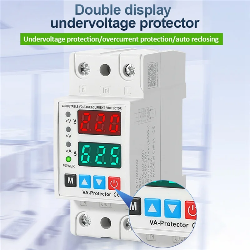 A76X-AC130-300V 63A Din Rail Dual Display Adjustable Over Voltage Under Voltage Current Device Protector Relay