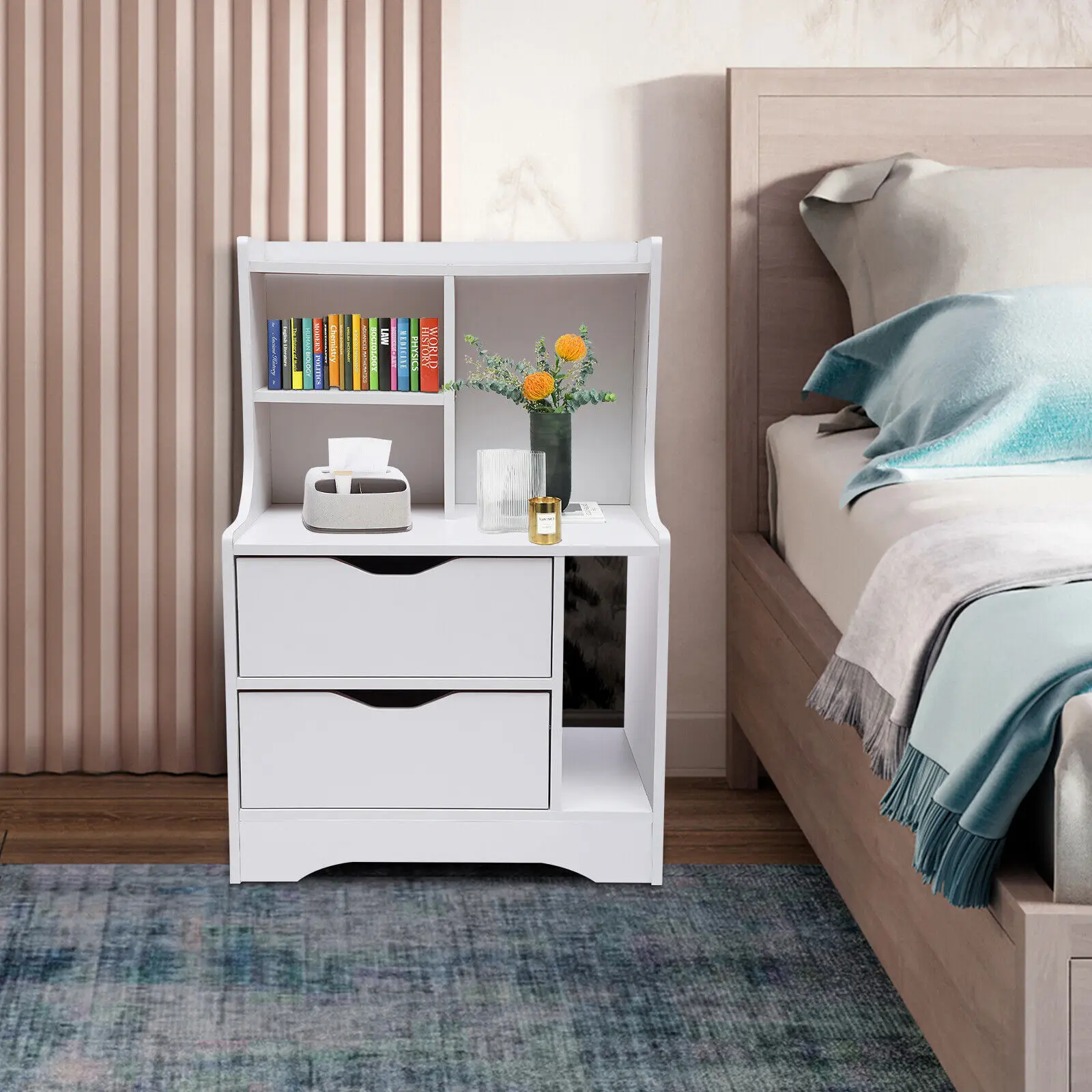 2-Drawer Nightstand with Storage Shelf Retro Side Table Bedside Furniture Books Storage Stand for Living Room Bedroom White