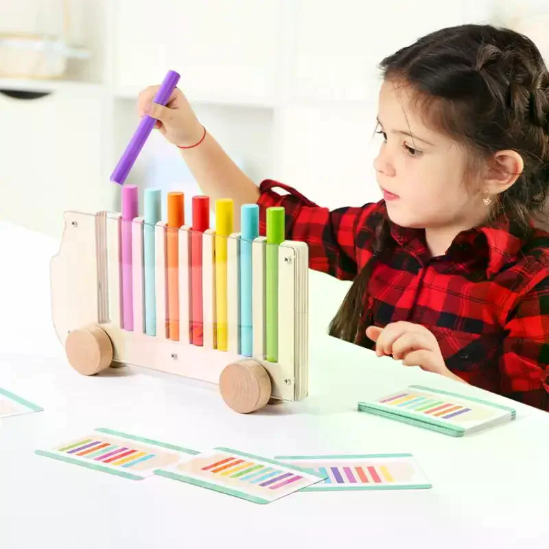 1 Set Movable Trolley With 20 Cards Color Cognition Toys Color Sorting Game Bus Shaped Toy For Inserting Multicolored Sticks