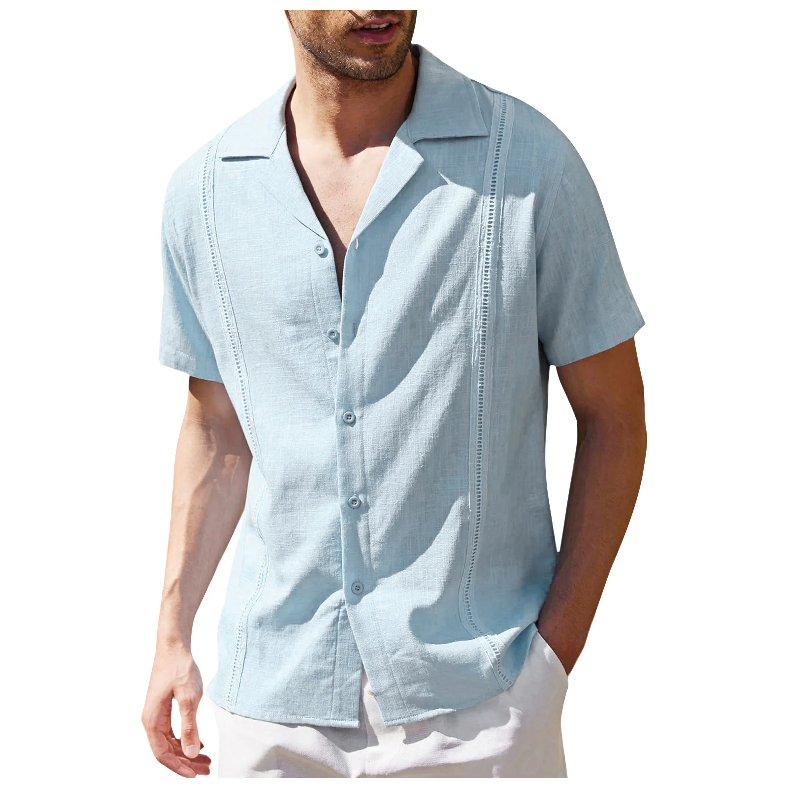 قميص كامب كوبي تقليدي للرجال Guayabera بأكمام قصيرة ومطرز قمصان رجالي ناعمة وقابلة للتنفس بلون سادة قميص للشاطئ