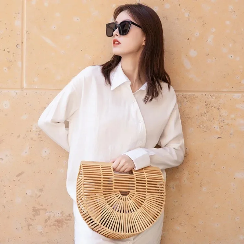 Semicircle Women Bamboo Bags Summer Fashion Luxury Handbag Hollow Bohemia Beach Bags Elegant Ladies Cosmetic Storage Basket