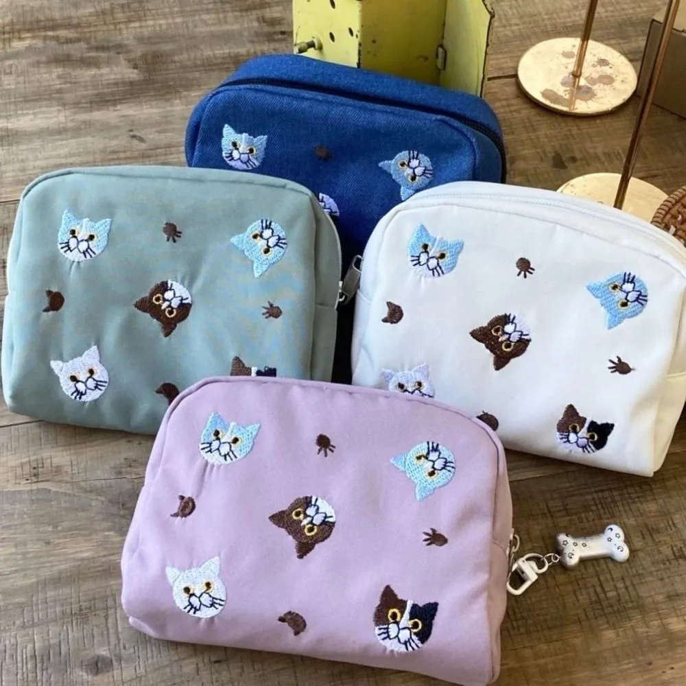 

Cute Cat Embroidery Cosmetic Bag Embroidered Cartoon Lipstick Organizer Cases Korean Style Cat Printed Nylon Makeup Bag Girls