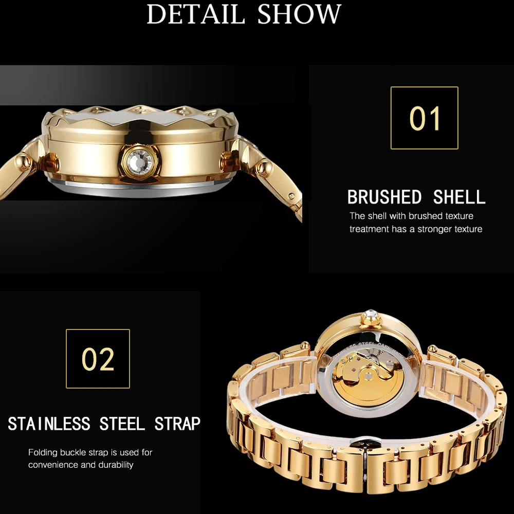 FORSINING レトロ女性自動機械式時計スケルトンラインストーン発光ポインターステンレス鋼スタイリッシュな女性腕時計