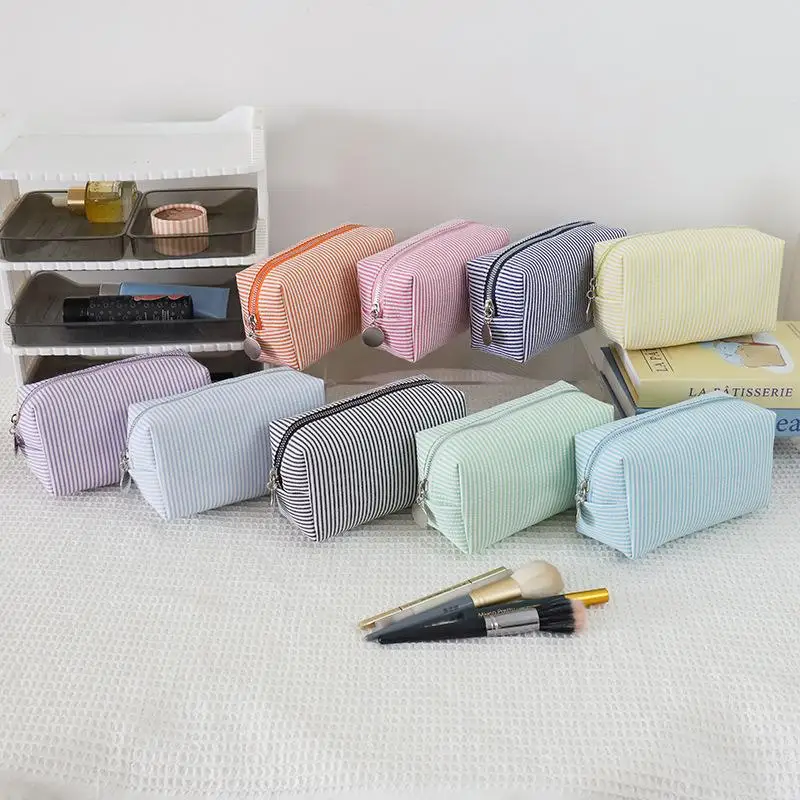 Fresh Simple Striped Cosmetic Bag Large Capacity Makeup Pencil Case Travel Toiletries Storage Pouch