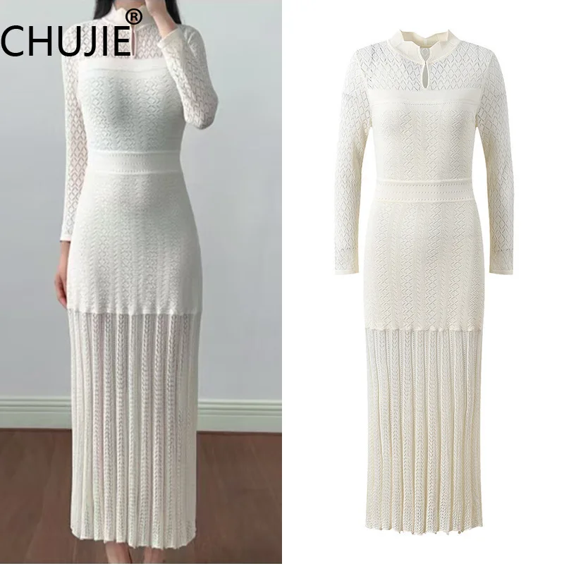 

CHUJIE Women's Dress 2025 Spring/Summer New Hollow Hook Flower Slim Fit Waist Elegant And Fashion White Long Knitted Dress
