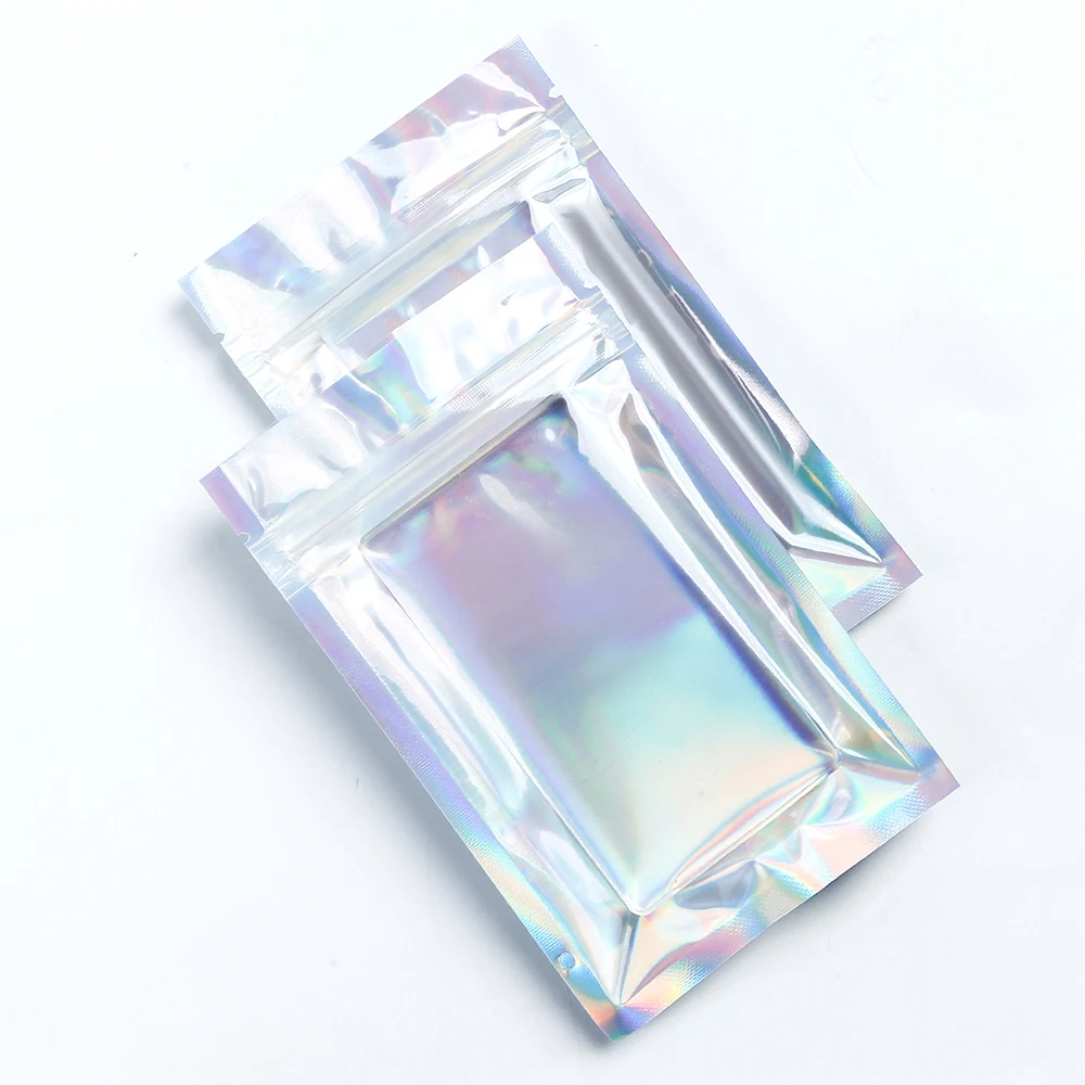 100Pcs Holographic Mylar Bags  Clear Window Flat Ziplock  Pouch Smell Proof  Reclosable Reselable Aluminum Foil Mylar  Bag