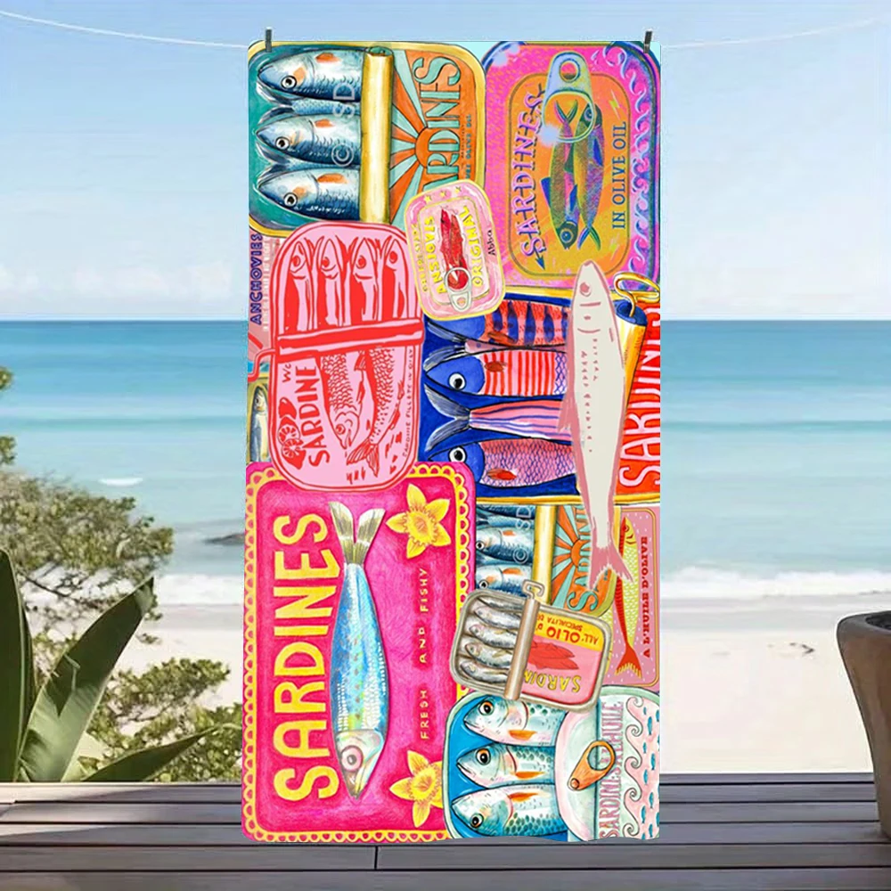 Toalla de playa vintage con collage de latas de sardinas y mariscos, tela grande repelente a la arena para viajes en barco, picnics costeros y actividades acuáticas al aire libre.