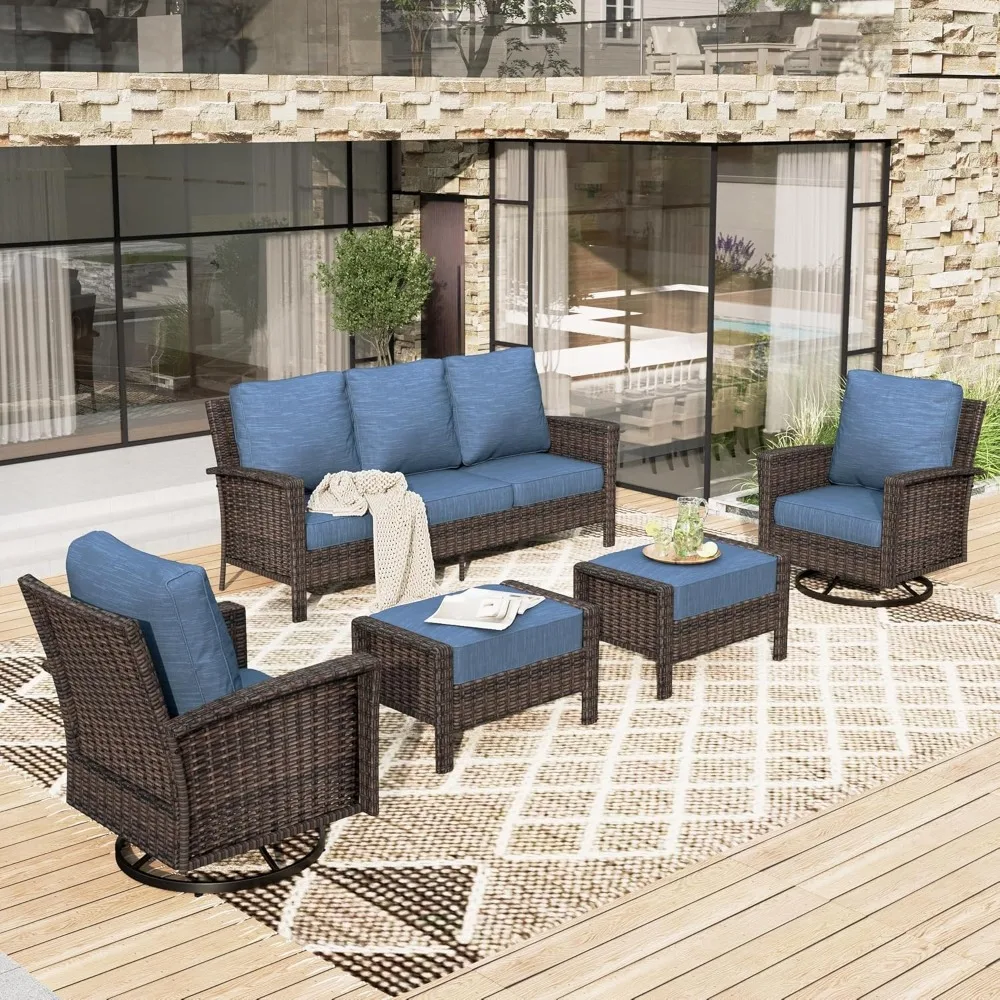 5 Pieces Patio Furniture Set, High Back Swivel Chairs with Ottomans, Wicker Outdoor Sectional Conversation Set for Backyard