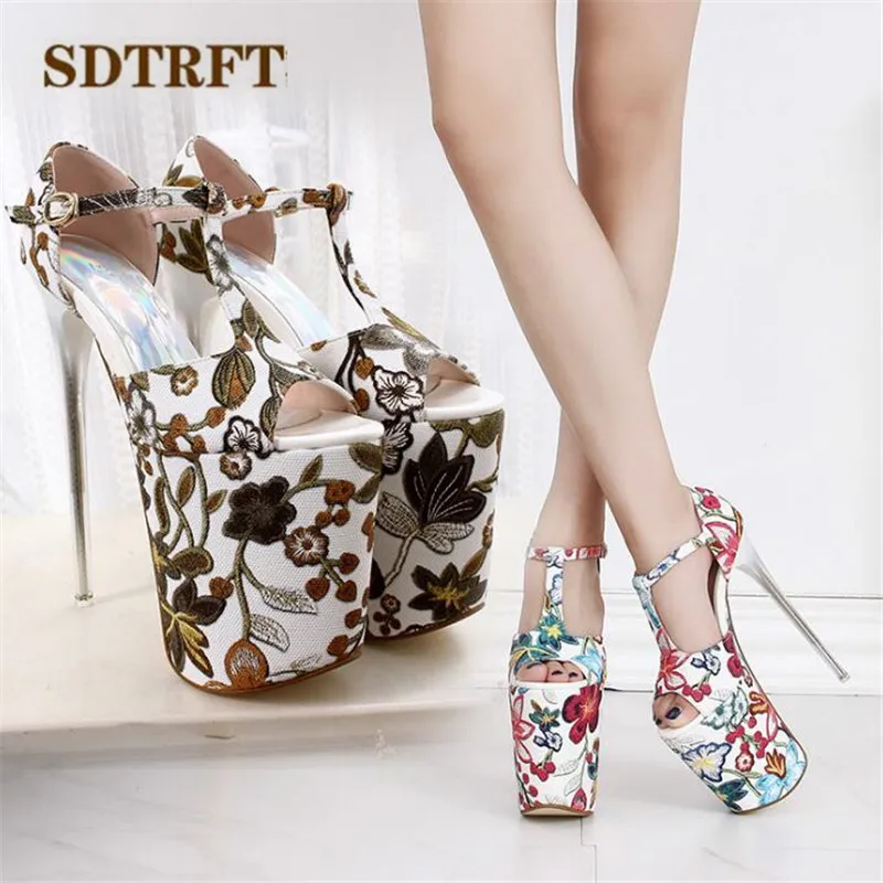 

SDTRFT/летние сандалии в национальном стиле, женская обувь на тонком высоком каблуке 19 см, женские туфли-лодочки на платформе с Т-образным ремешком и открытым носком для подиума
