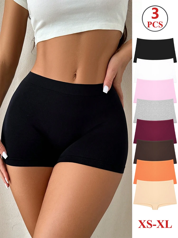 FINETOO 3PCS Women's Cotton Boyshort Panties Breathable Low Waist Solid Colors Underwear Female Casu