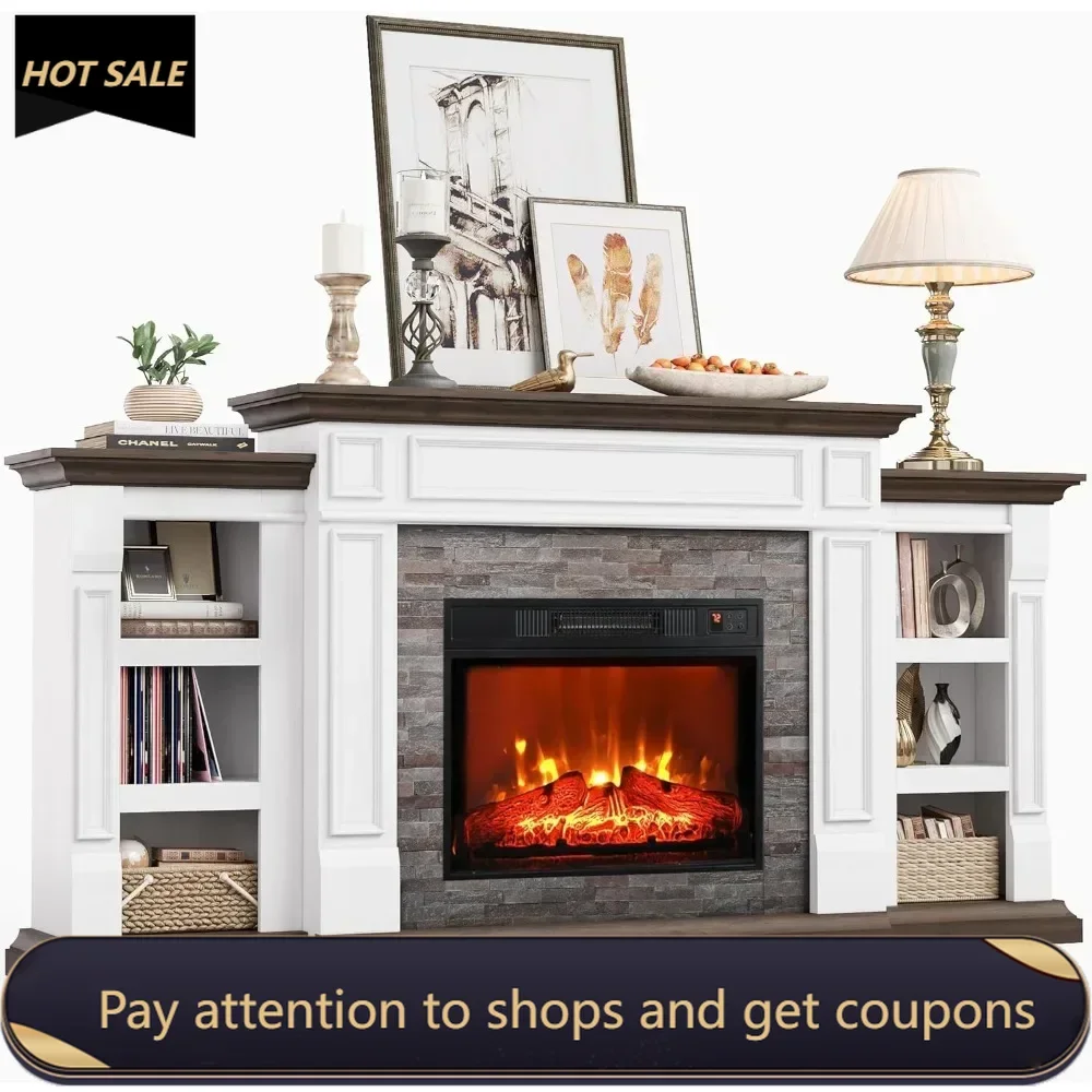 

70" Electric Fireplace with Mantel and Cabinets, Fireplace TV Stand for Living Room Bedroom, Remote Control 3D Realistic Flame