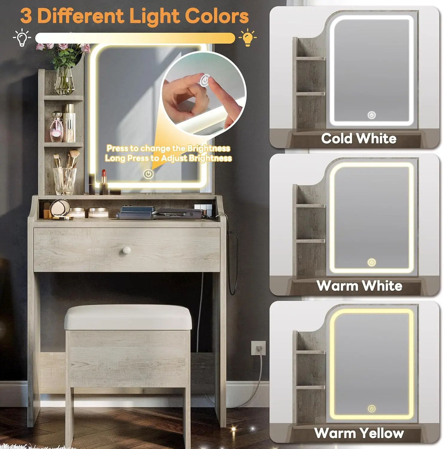 Compact Makeup Vanity Desk with Mirror, Lights, Storage Drawer, Chair and Shelves in White Walnut Finish