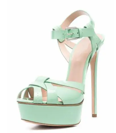 Size 46 Women Gold White Green Leather Twist Ankle Buckle Strap Stiletto Heels Platform Summer Sandals Banquet Dress Shoes