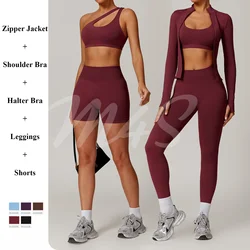 Seamelss Gym Workout Set for Women Matching Yoga Set Fitness Clothes for Sport Zipper Jacket One Shoulder Bra Shorts Active Wear