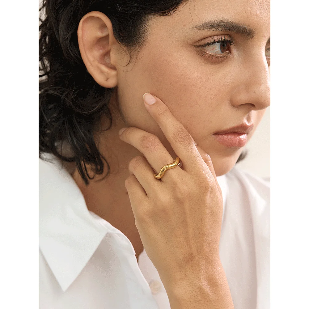 Yhpup High Quality Stainless Steel Twisted Round Finger Ring for Women 18K PVD Plated Texture Simple Daily Jewelry Gift