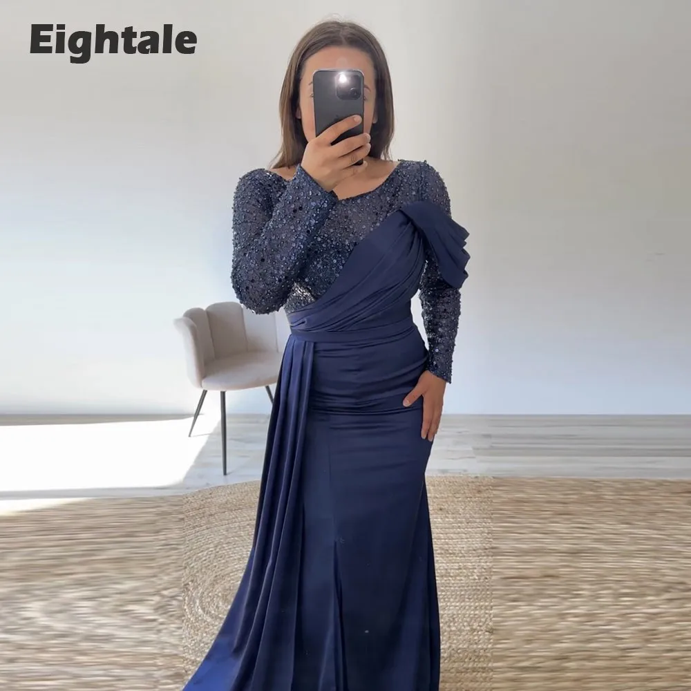 

Eightale Navy Blue Evening Dress Satin O-Neck Sequin Long Sleeves Mermaid Prom Gown Wedding Party Dress Vestidos De Noch