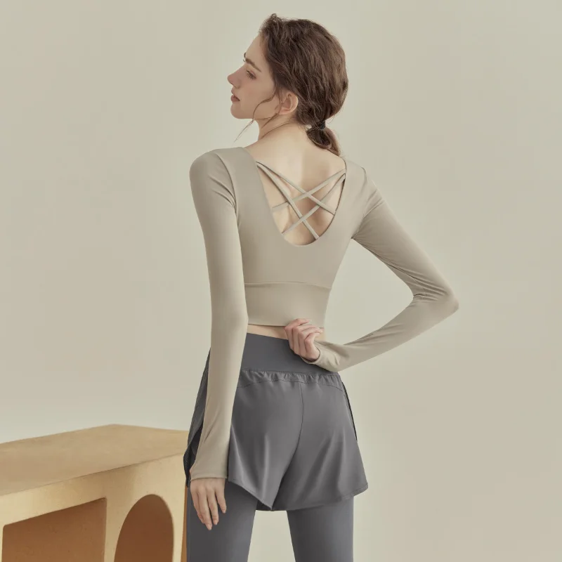 Women's Long Sleeve Yoga Top Cross Back Sports Crop Top Shock-Absorbing Breathable Workout Fitness Shirt
