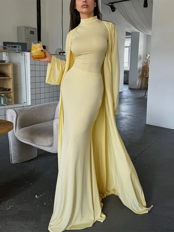 

Yellow Long Tailored Jacket Top And Skirt Three-Piece Set Women's Fashion Spring Collection High Collar Vest Outfit