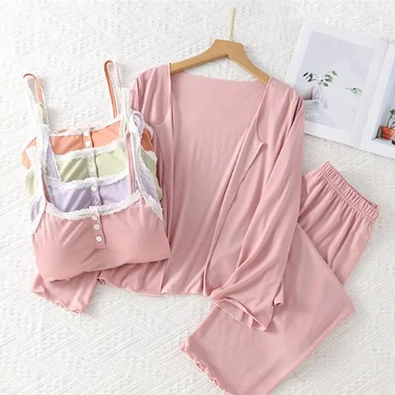 

Women's Pajamas New Sexy Breast Pad Modal Sleepwear Pajamas Set Three Pieces Night Wear Home Clothes Fall Winter Nightwear Suit