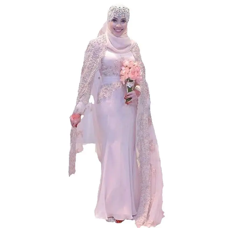 Robe de mariée musulmane rose poussiéreux, robe de sirène turque à manches longues, robe éducative Para Boda, robe de mariée de pays islamique personnalisée