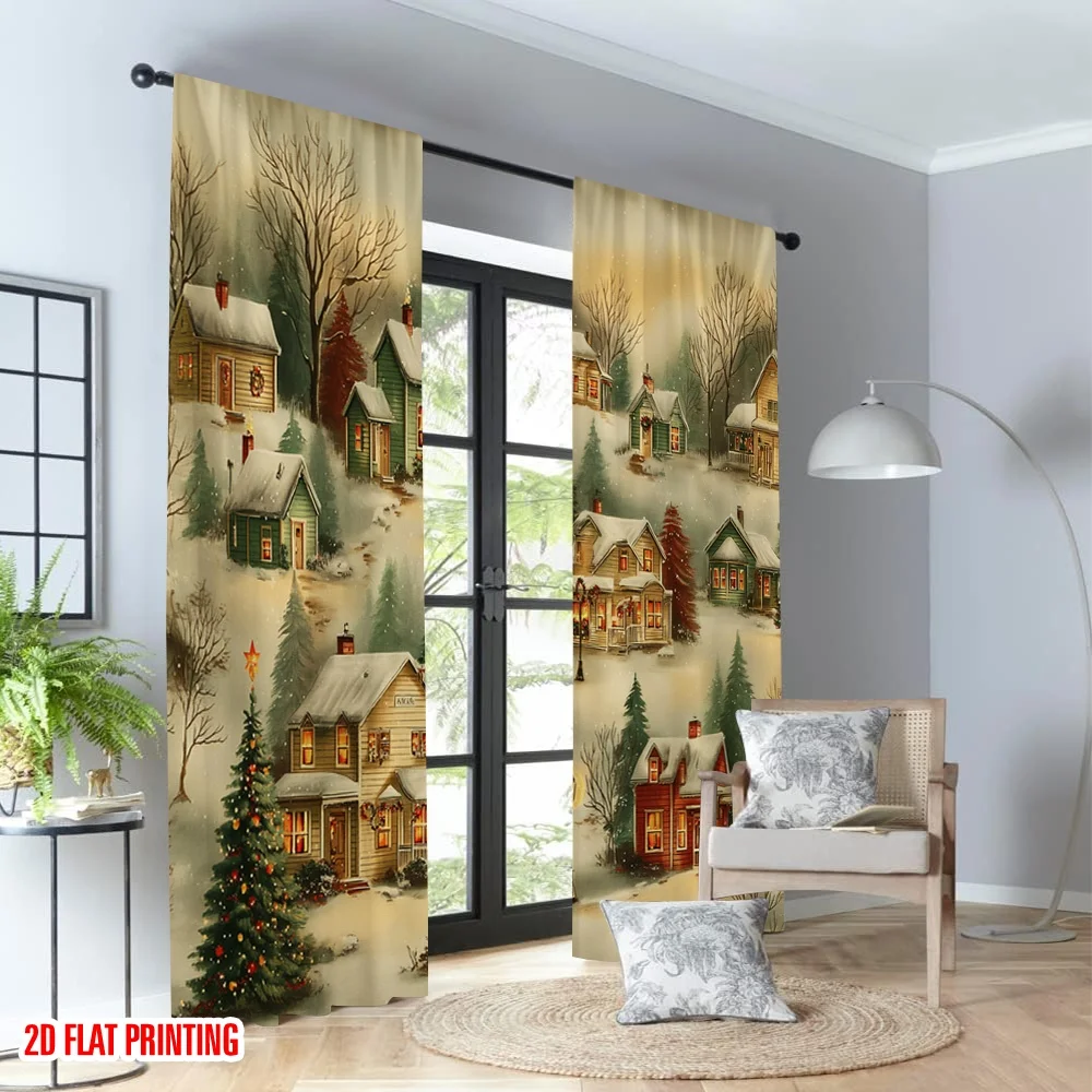 2 قطعة 2D الطباعة المسطحة عيد الميلاد ستائر الحفلات دافئ عيد الميلاد قرية الشتاء مشهد الرقمية المطبوعة البوليستر الستائر احتفالية #4