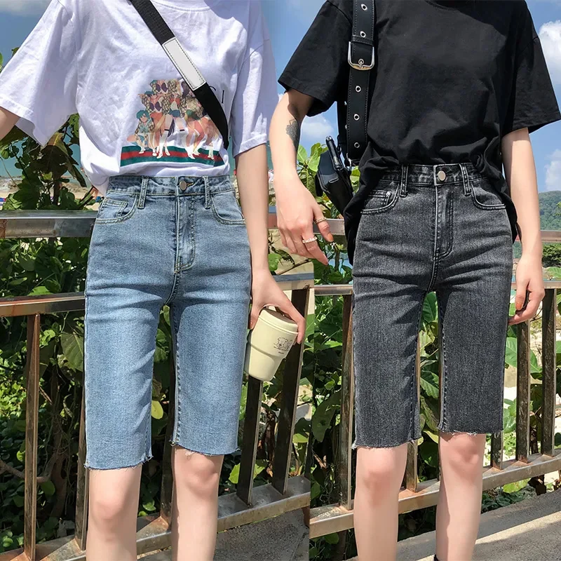 Rimocy 2024 Women's Denim Shorts Summer Bodycon Biker High Waisted Short Pants Woman Streetwear Knee Length Jean Shorts Female