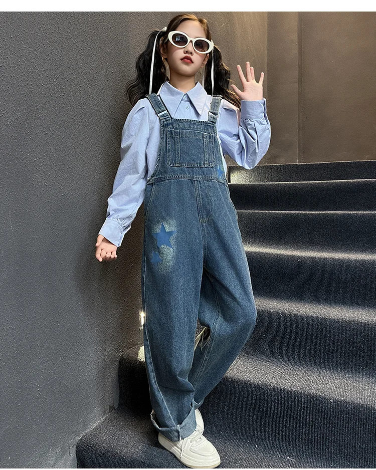 Modische Kinder-Jeans-Overalls für Babymädchen, Blaue Denim-Latzhose mit Trägern, Größe 5 6 7 8 9 10 11 12 13 14 – Detail 10
