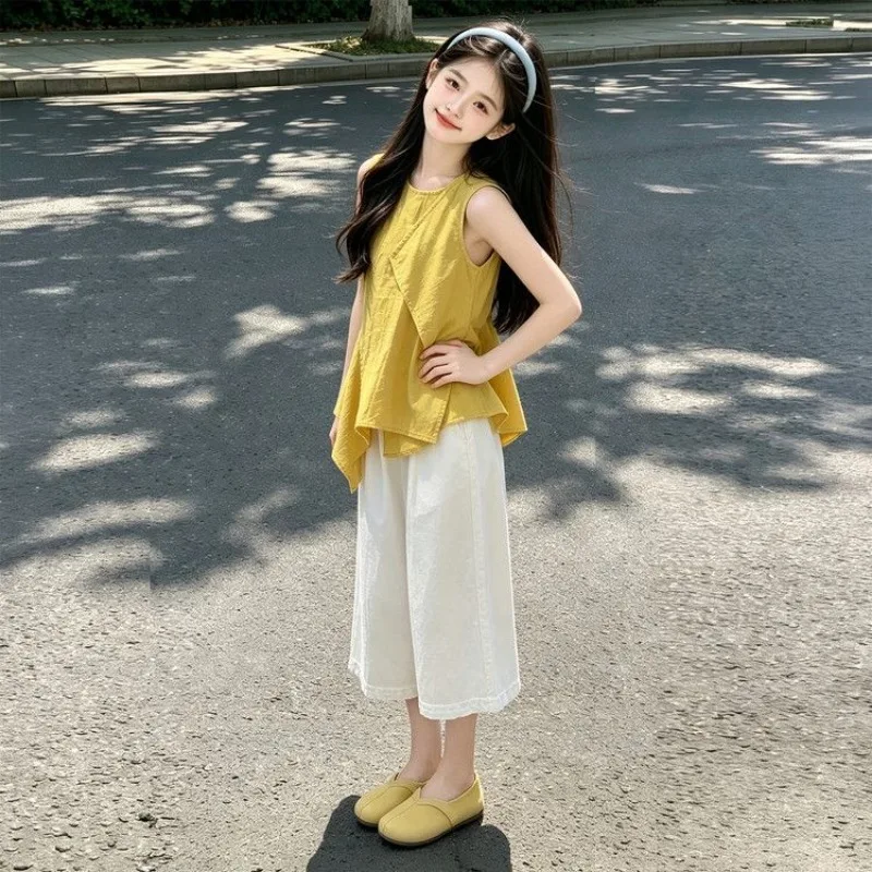 Girls Irregular Hem Sleeveless Top Wide Leg Cropped Pants 2 Piece Outfit Kids Summer Casual Clothing Set For Older Girls