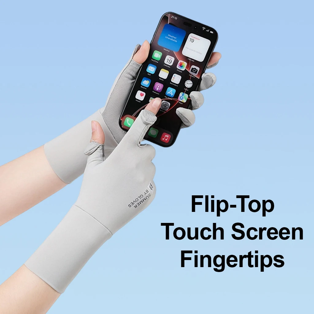 Cycling Women Gloves Ice Silk UV Protection Driving Long Cuff Touch Screen Flip Top Breathable Cooling Anti-Slip Stretch Gloves