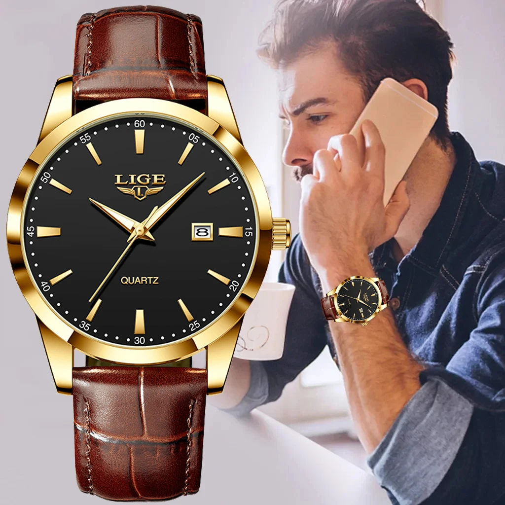 LIGE Mens Watches Top Brand Luxury Military Quartz Watch for Men Fashion Leather Waterproof Sports Chronograph Montre Homme+BOX