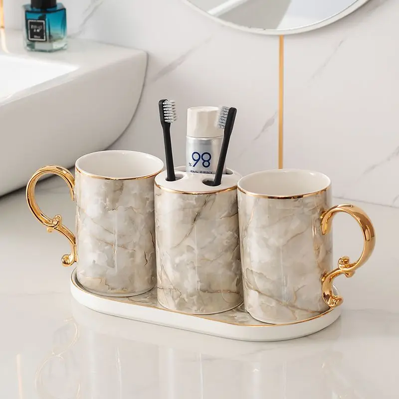 European Marble Ceramic Lotion Bottle Toothbrush Holder Bathroom Accessories Set Cup Soap Dish Shampoo Dispenser Bottle Decor