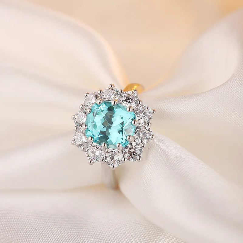 Original Sparkling Flower Shape Created Paraiba Ring For Women 4.6 Carat Main Stone High End Luxury Jewelry For Festival Gift