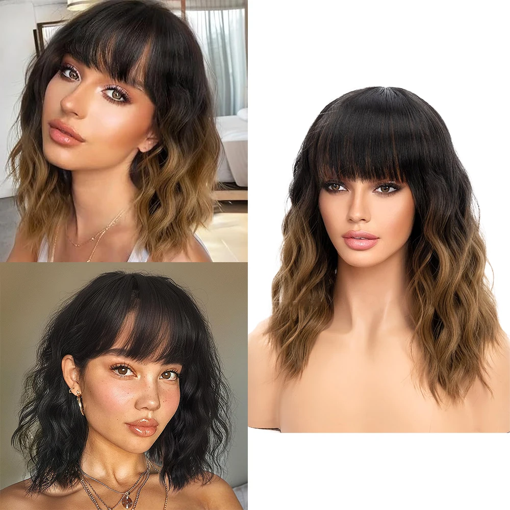 

Synthetic Short Bob Wavy Wig with Bangs for Women Loose Curly Shoulder Length Wig Natural Looking Heat Resistant Fiber Hair