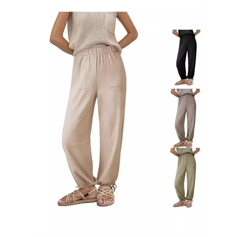 

Fashionable Pure Color Striped Wide Leg Drawstring Women's Pants Autumn Winter Punk Style Casual Trousers for Middle-Aged Women