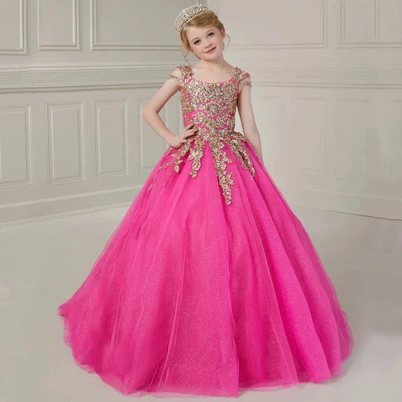 

Customized Hot Pink Flower Girl Dress For Wedding Gold Appliques Backless Luxury Princess Birthday Party Quinceanera Ball Gown