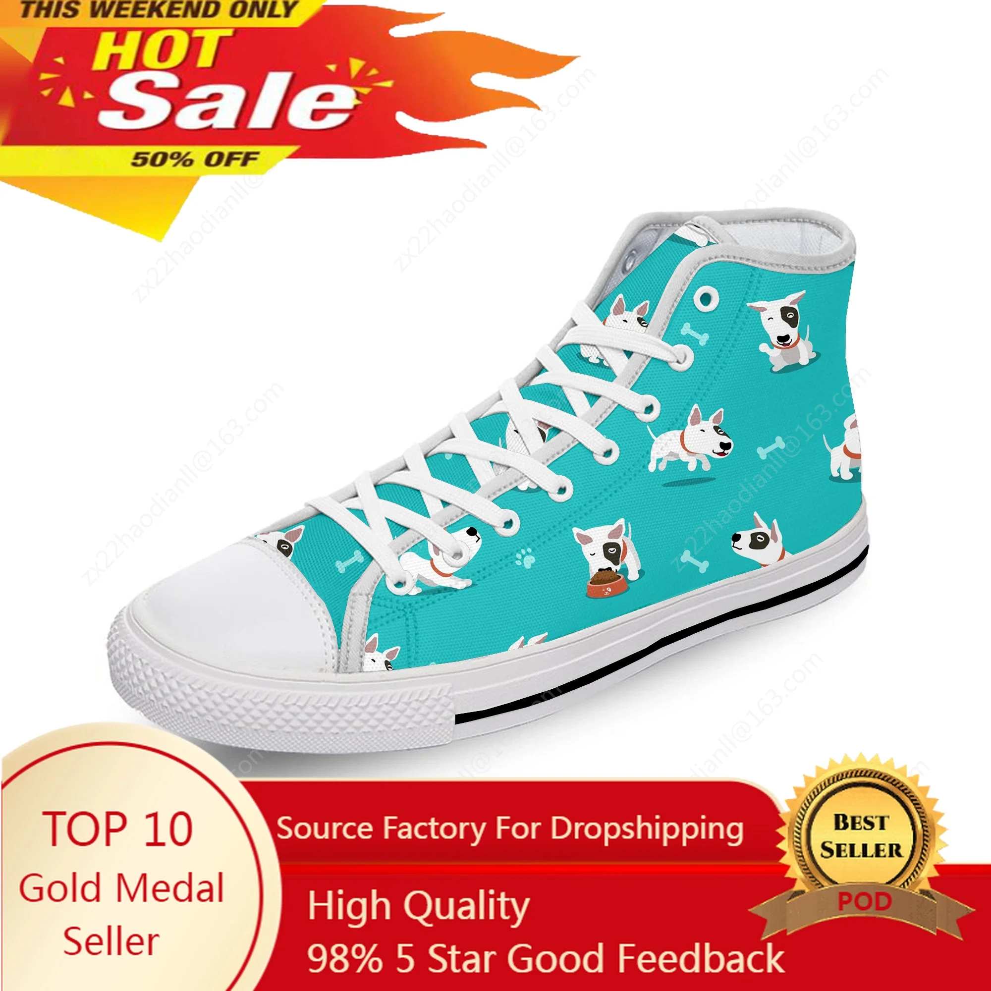 

Animal Bull Terrier Cartoon Dog White Cloth Fashion 3D Print High Top Canvas Shoes Men Women Lightweight Breathable Sneakers