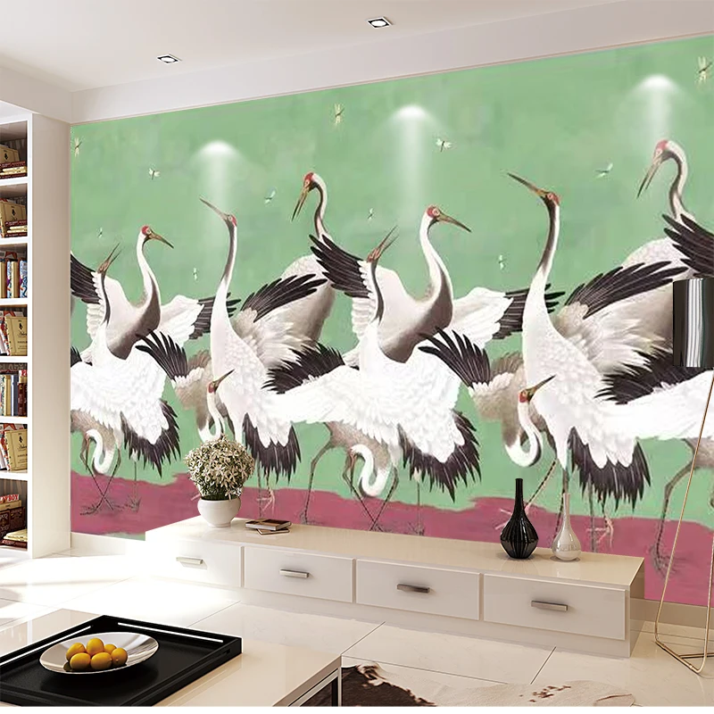 Bacal professional 3D large wallpaper mural hand-painted Chinese animal White crane illustration children green background wall