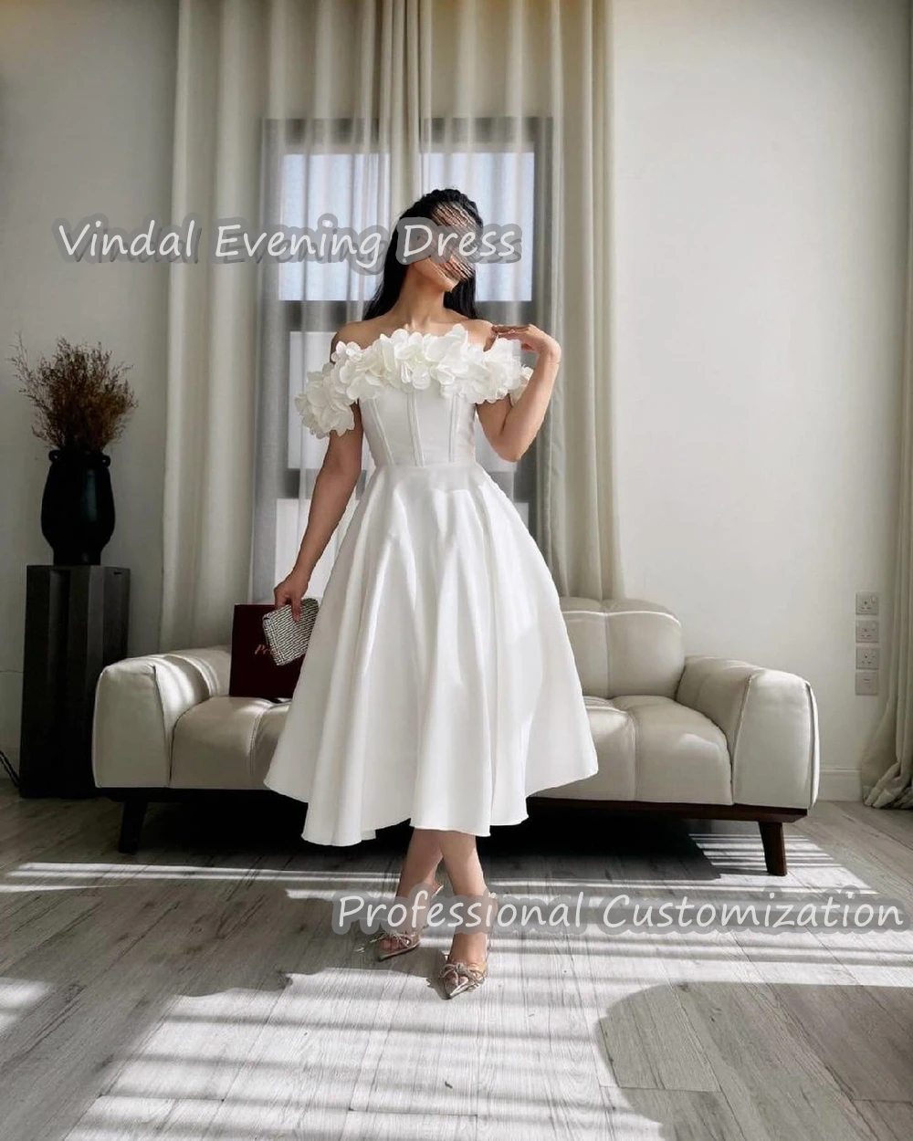 Vindal Evening DressOff-the-shoulder Tea Length Satin A-Line Built-in Bra Elegant Short Sleeves Sexy Saudi Arabia For Woman 2024